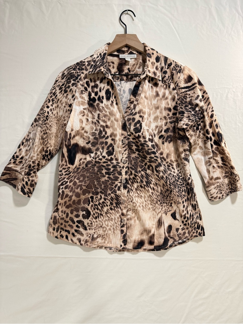 Dana Buchman Animal Print Button-Down Shirt in Brown and Cream